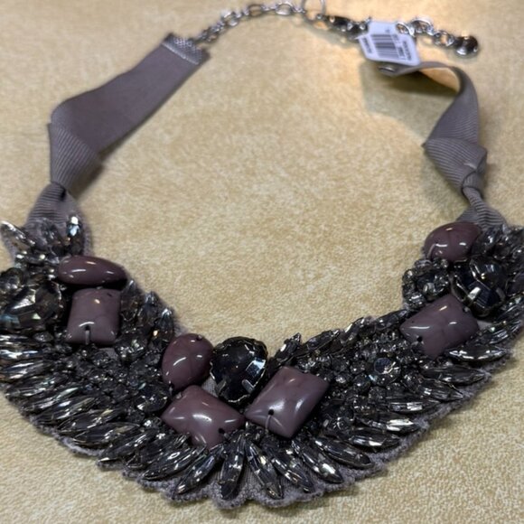 Loft Fabric Strap Bib Necklace with Gray & Pink Beads - Picture 2 of 3